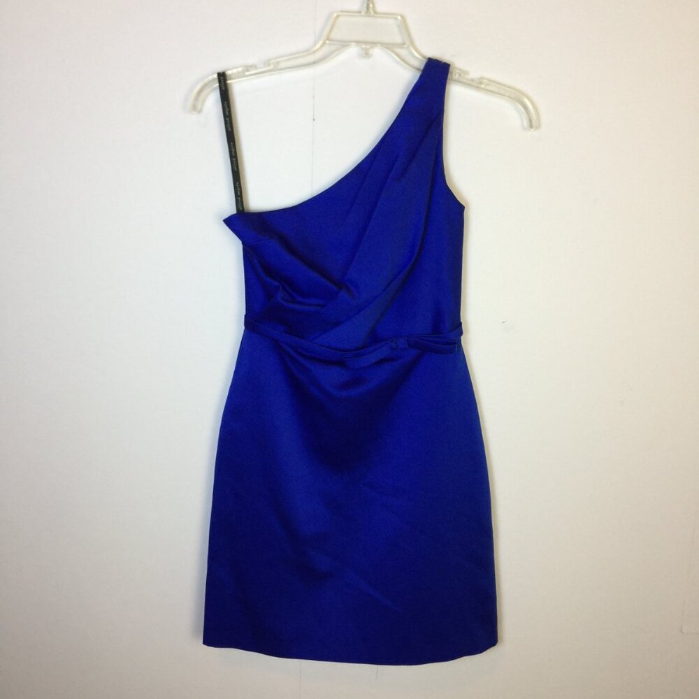 Alfred Angelo Mini Cocktail Dress Size 2 Womans Blue Satin One Shoulder Pleated - Picture 1 of 14